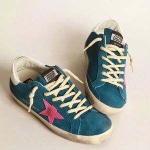 Golden Goose Super-Star sneakers in blue suede with a pink star unisex size 9